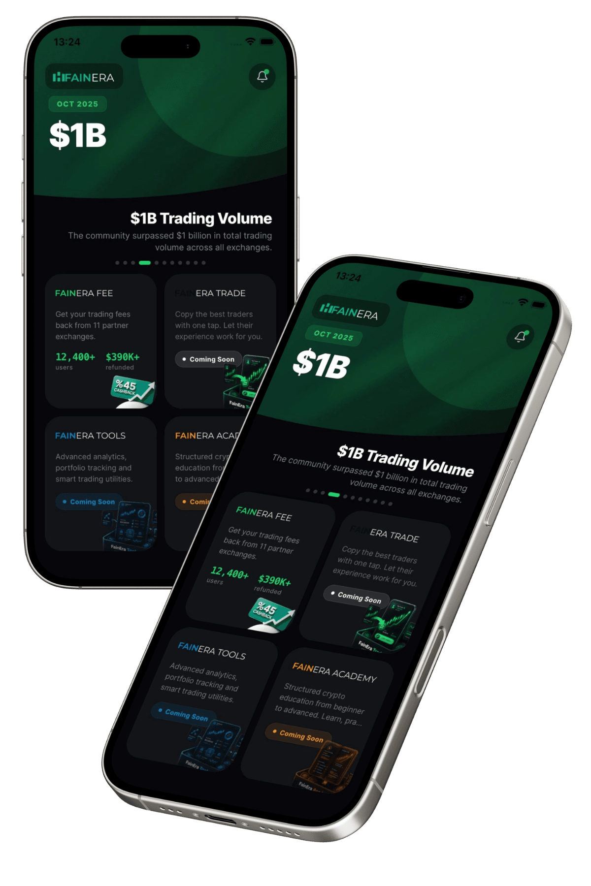 Two FainEra Trade mobile app screens showing the $1B trading volume overview